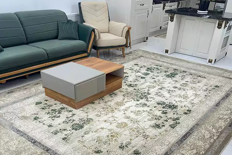 ست فرش 1200 شانه دارای گل سبز، با مبل راحتی سبز رنگ